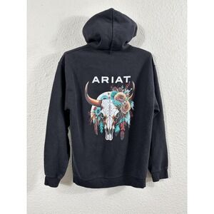 Ariat Hoodie Womens Medium Black Bull Skull Floral Western Graphic Pullover